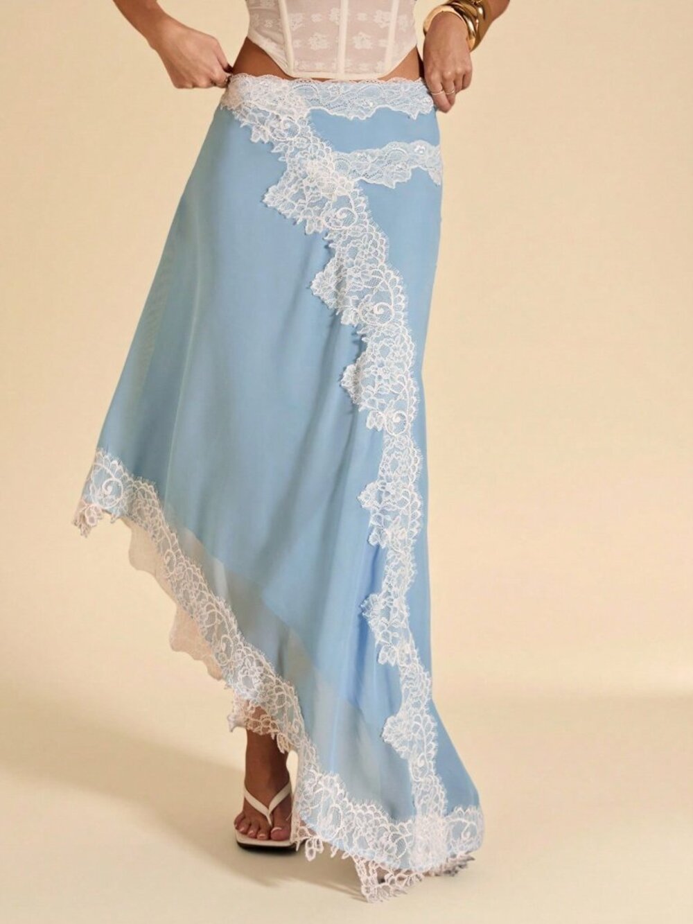 Baby Blue Elegant Women's Lace Trim Chiffon Skirt - Picture 5 of 8
